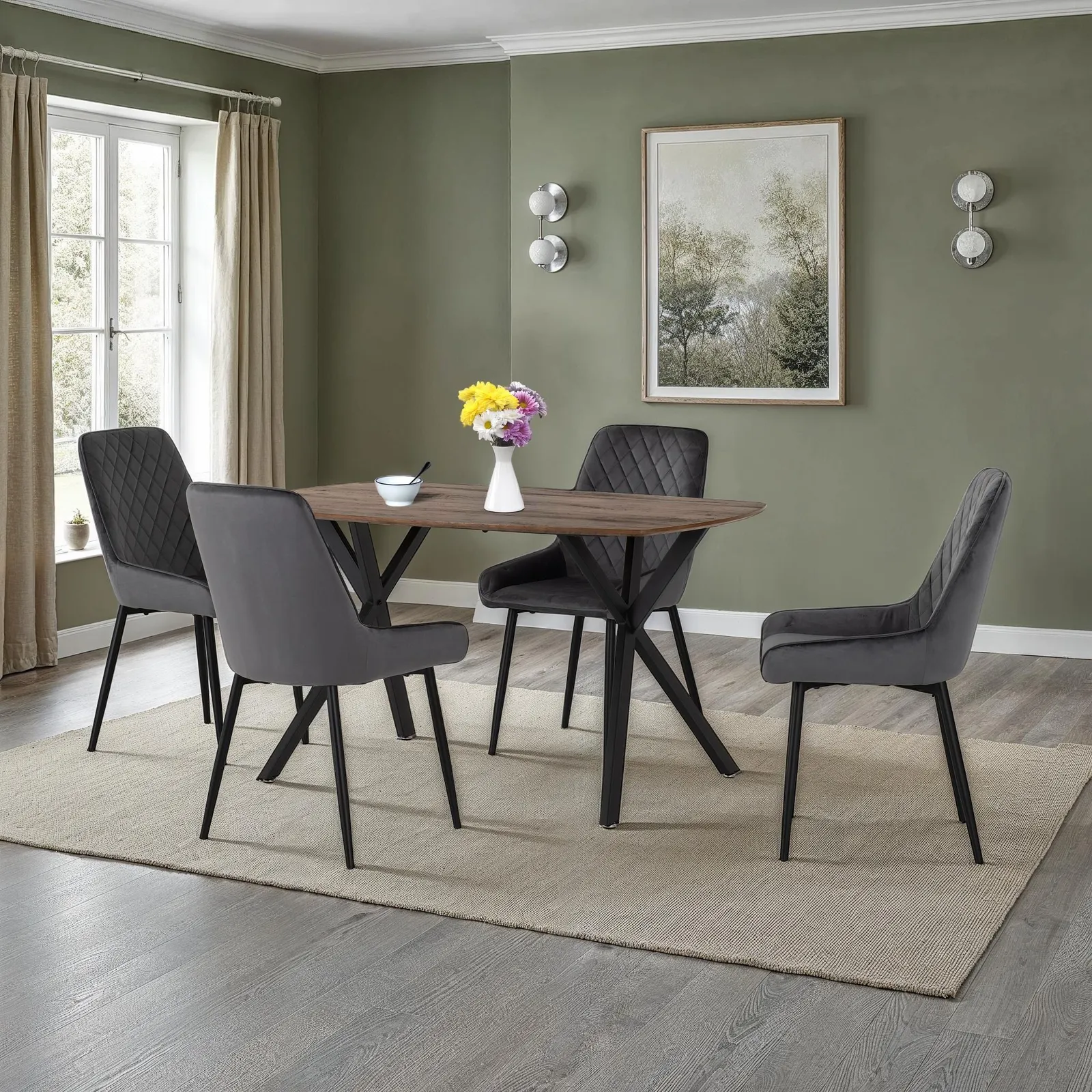 Seconique Athens Rectangular Medium Oak Dining Set with Avery Chairs in Grey 1