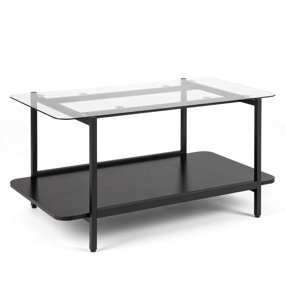 Costway 2-Tier Tempered Glass Coffee Table Modern Rectangular Center Table in Black