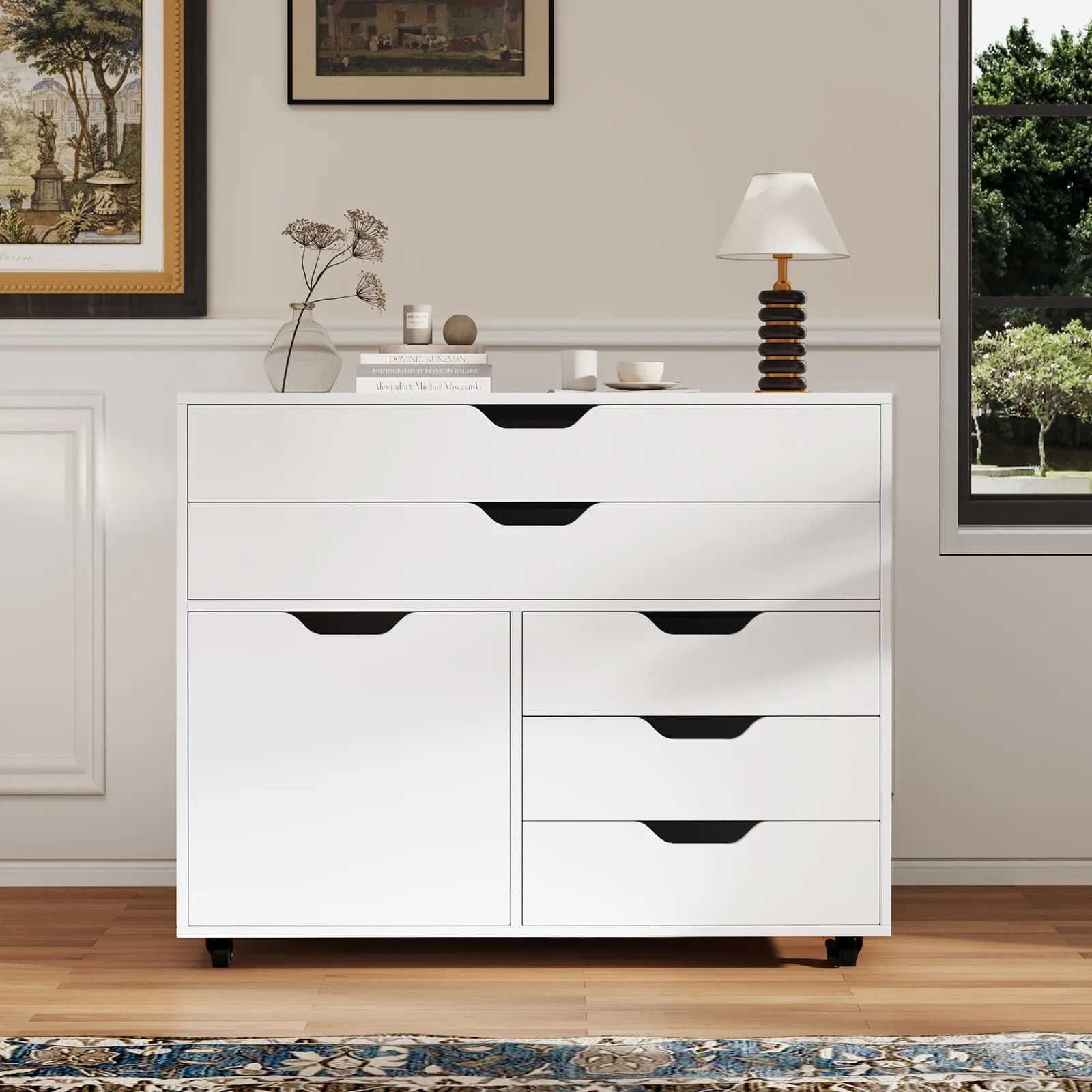 Costway 5-Drawer Chest Mobile Chest of Drawers with 5 Casters & Door-White in White 6