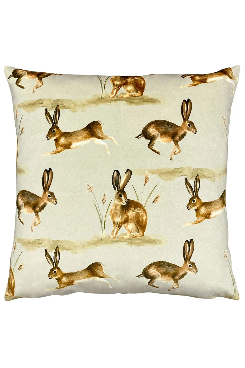 Evans Lichfield Country Running Hares Hand-Painted Printed Cushion in Taupe