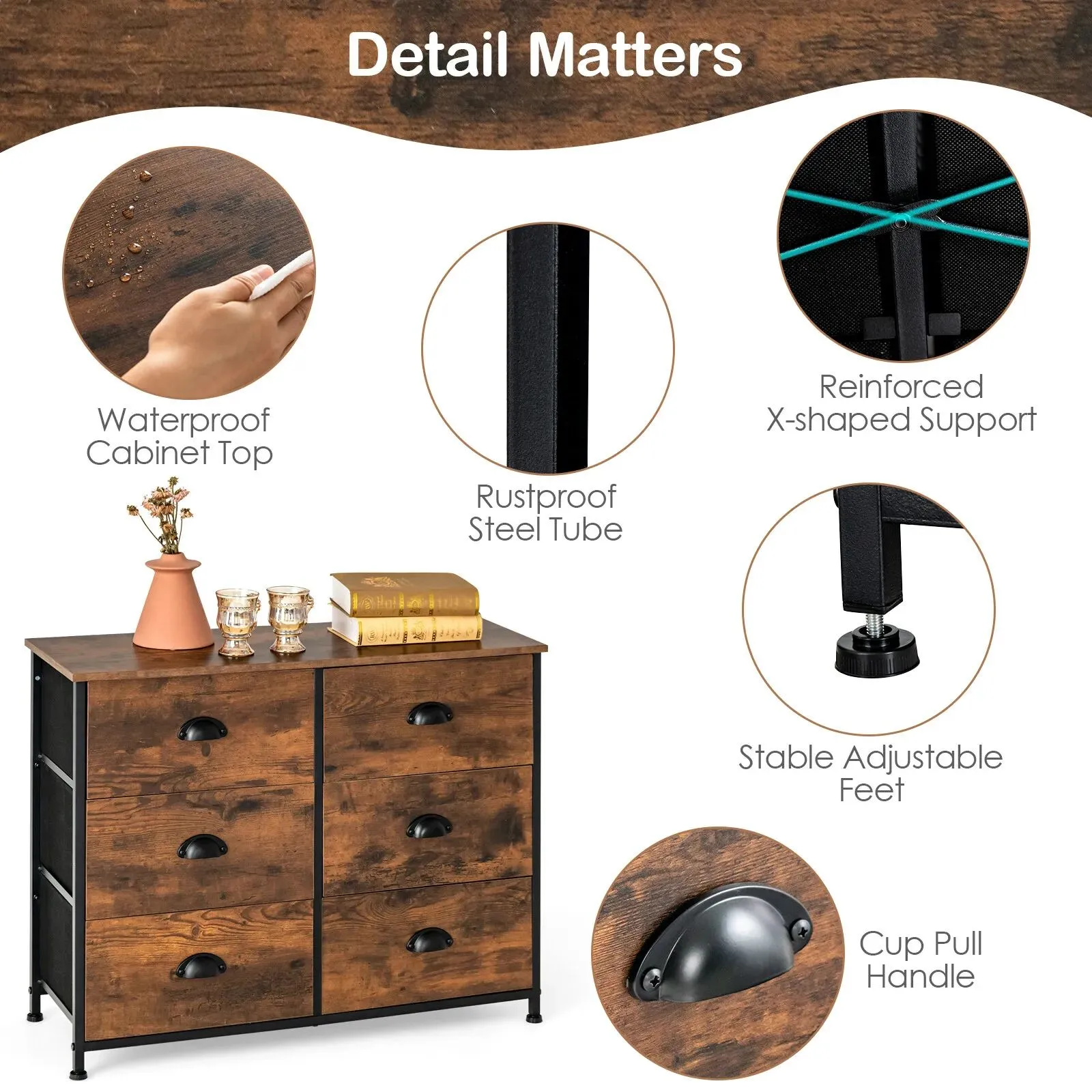 Costway 6 Drawers Dresser Organizer 2-Tier Fabric Storage Organizer Chest of Drawers in Brown 6