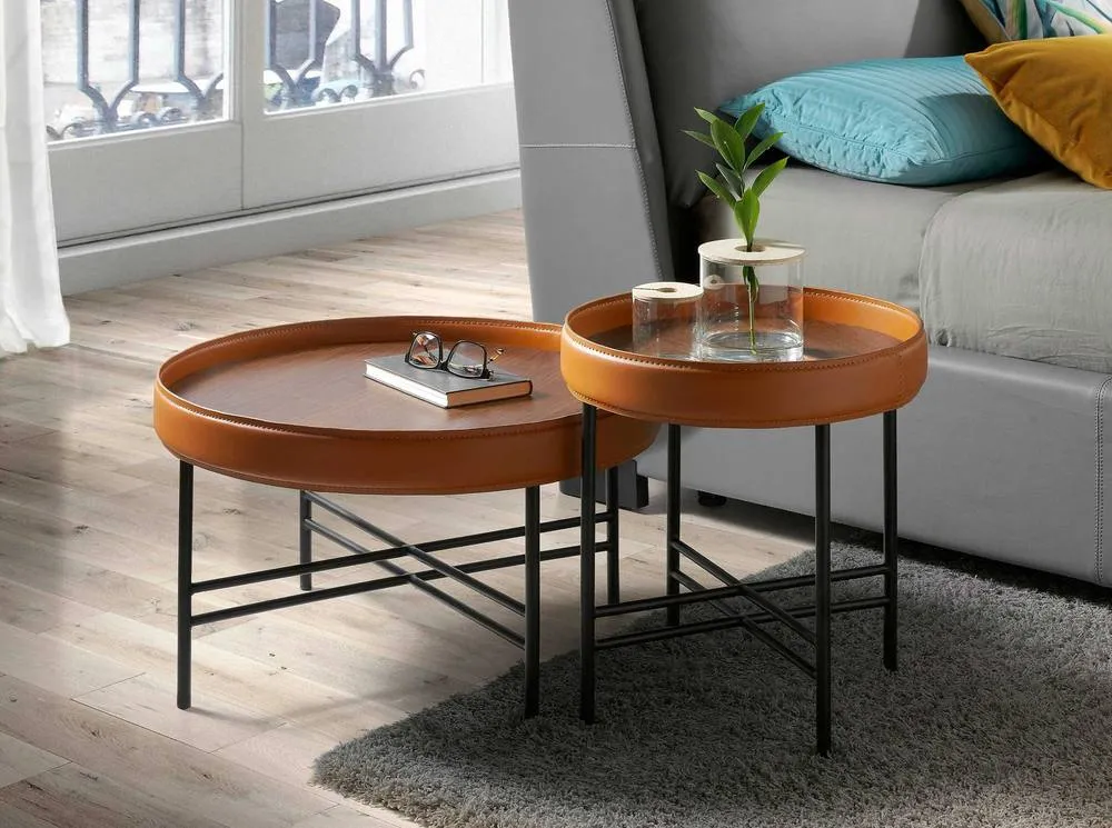Angel Cerda Round Coffee Table, Walnut Top, Black Steel Legs, Orange Detail in Tan 3