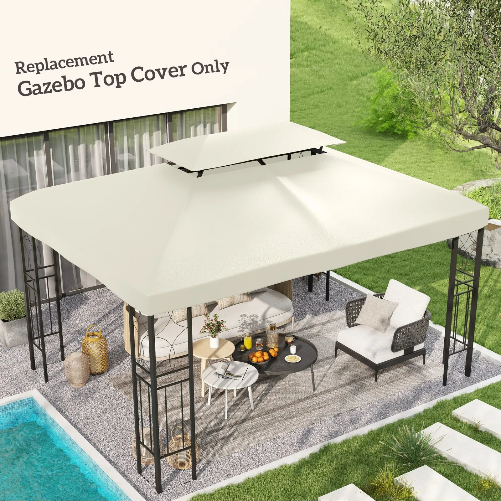 OUTSUNNY 3x4m Gazebo Replacement Roof Canopy 2 Tier Top UV Cover Patio in Cream