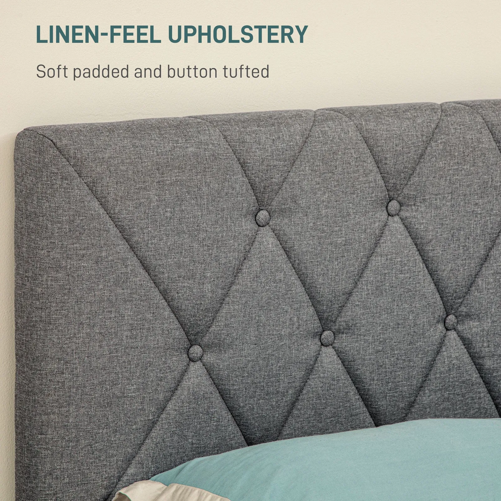 HOMCOM Linen Bed Frame with 5-Level Headboard, Wooden Slats Mattress Foundation in Grey 5