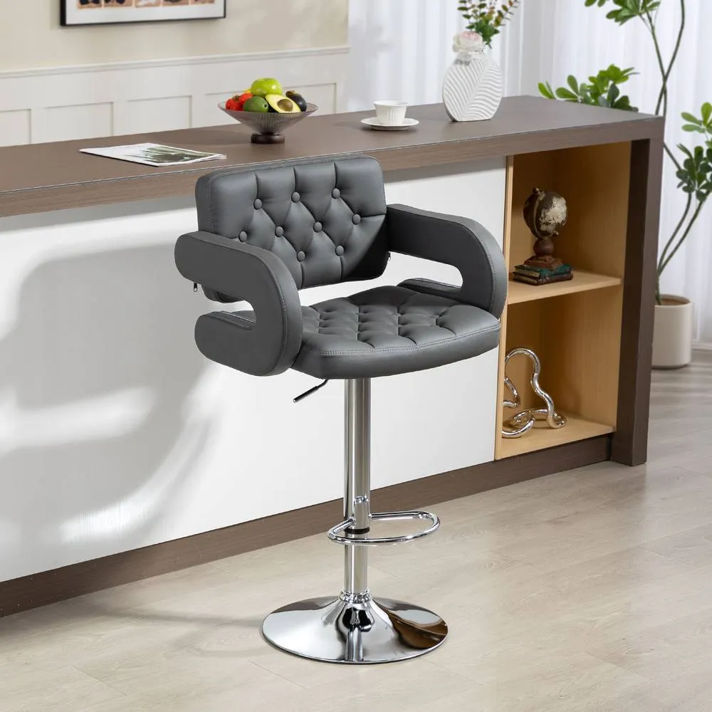 HOMCOM Adjustable Height Barstool Steel Pole PU Leather Bistro in Grey 1