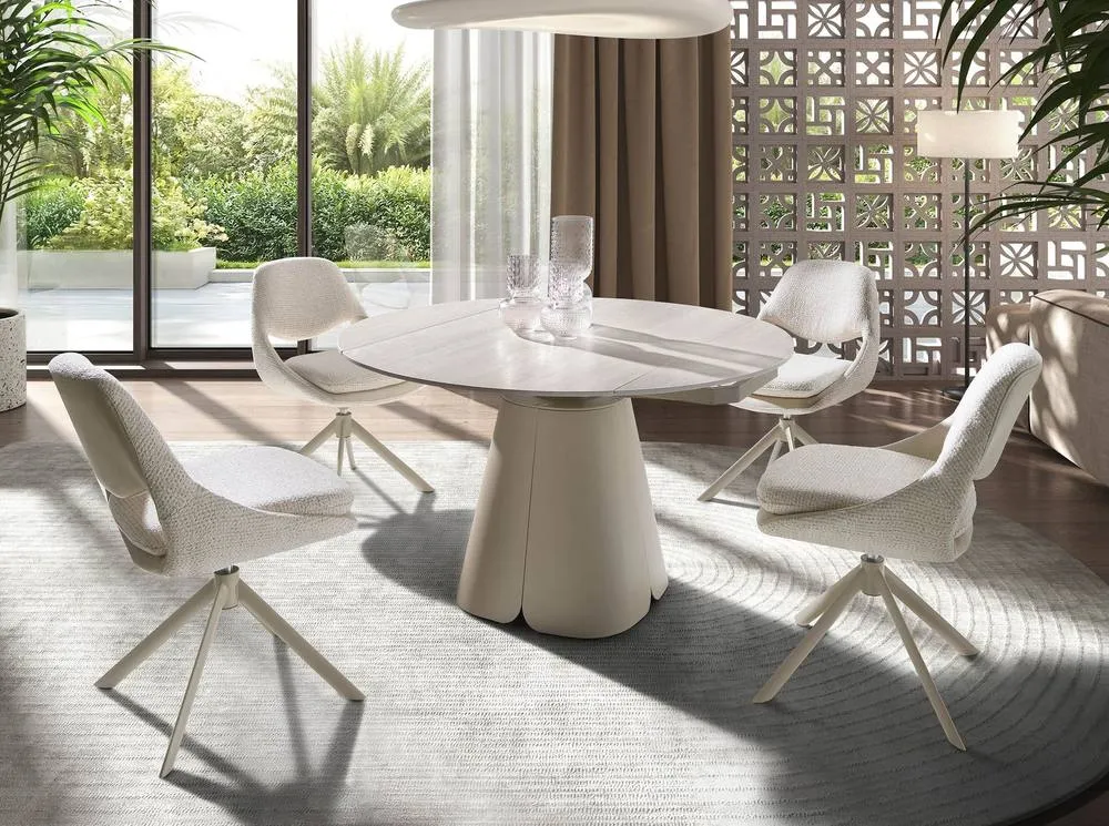Angel Cerda Swivel dining chair in off-white & cream fabric with stainless steel legs 4