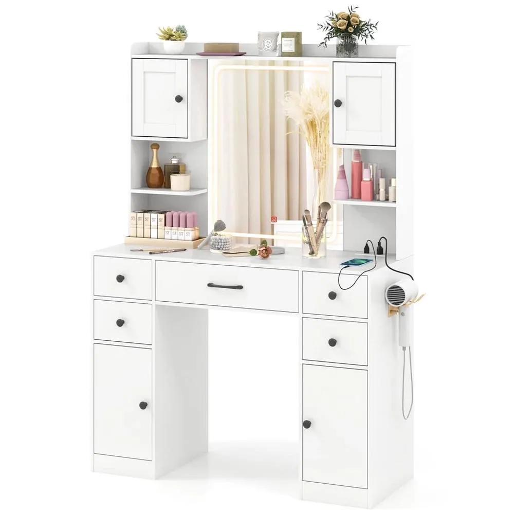 Costway Makeup Vanity Desk Dressing Table w/Charging Station& Mirror in White