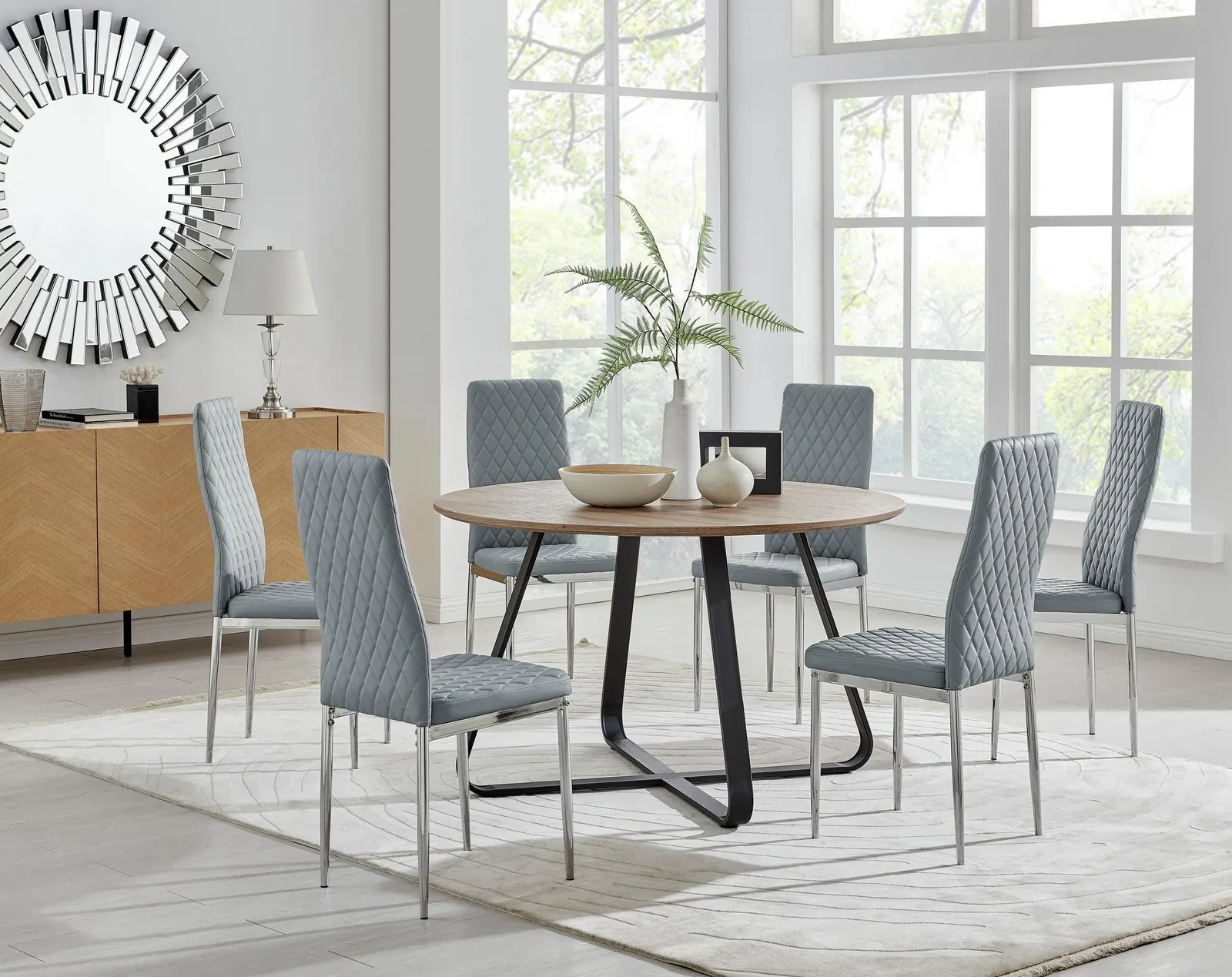 FurnitureboxUK Santorini Brown Wood Effect Dining Table & 6 Milan Chrome Leg Chairs in Grey 1