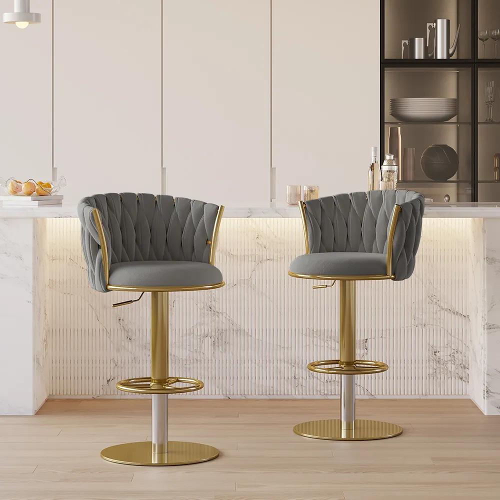 Sweave Set of 6 Grey Swivel Bar Stools Velvet Curved Back Adjustable Height