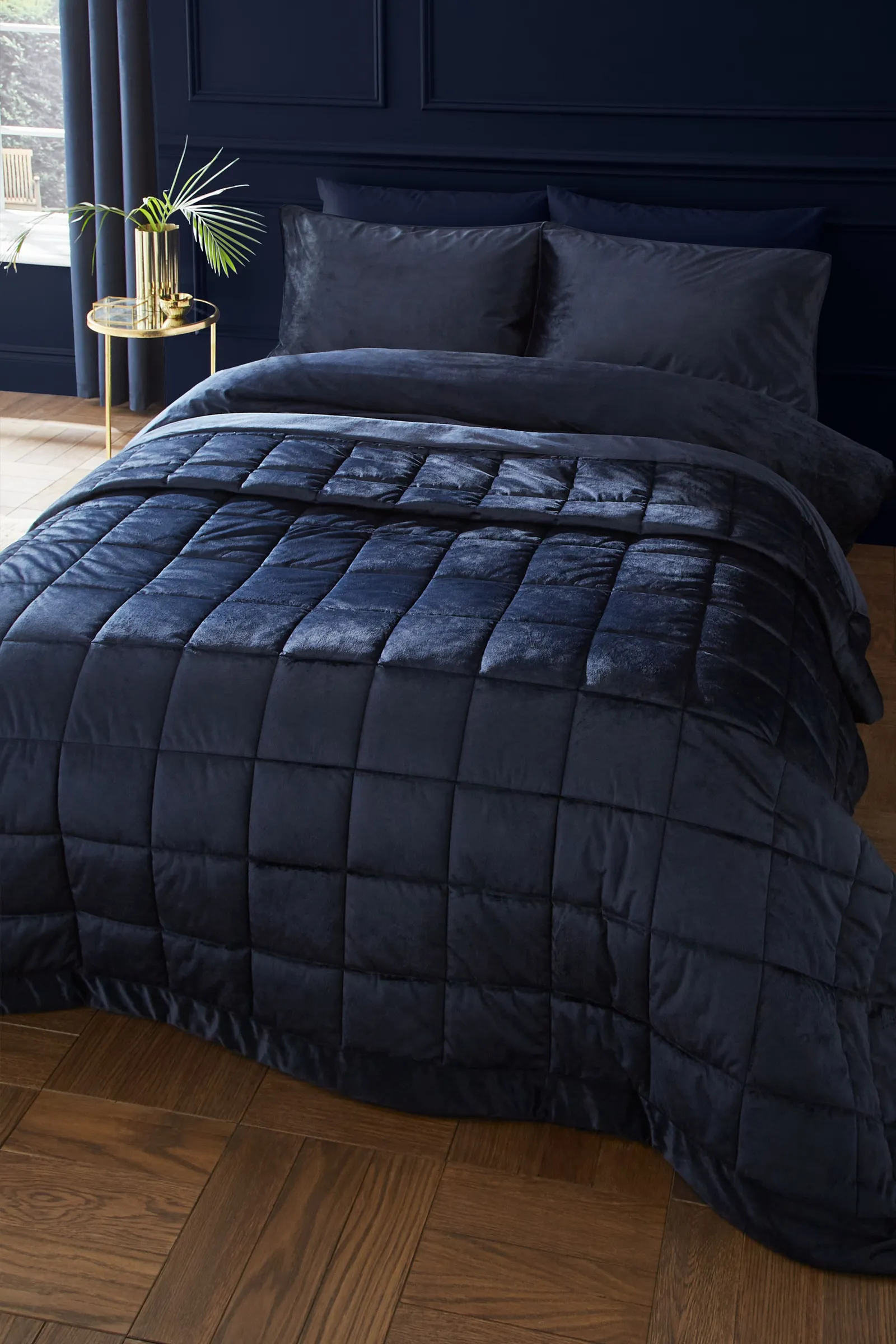 Catherine Lansfield 'Kingsley Matt Velvet' Quilted Bedspread in Navy