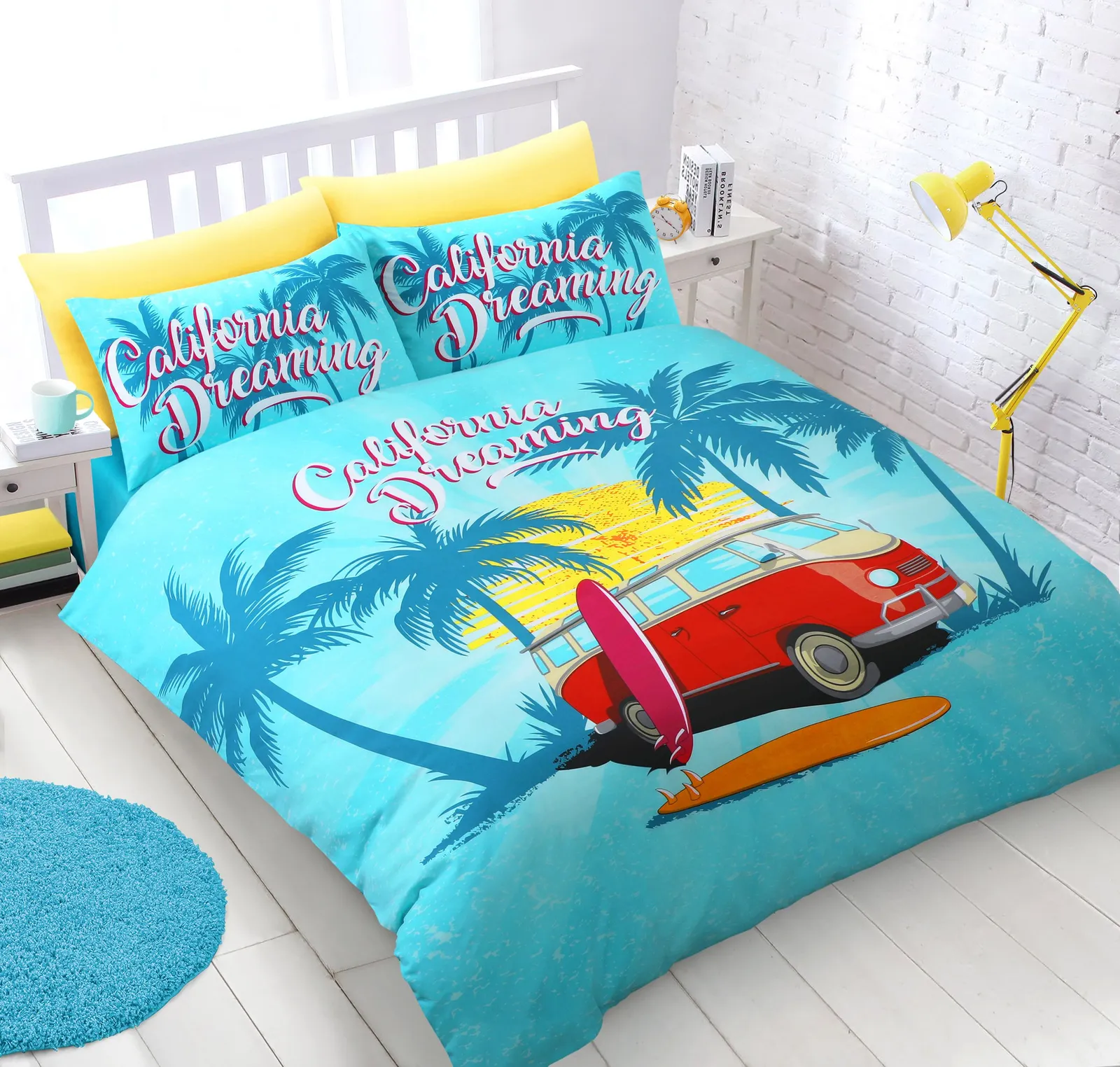 Velosso California Dreaming Cotton Rich Printed Duvet Cover & Pillowcase Set in Blue