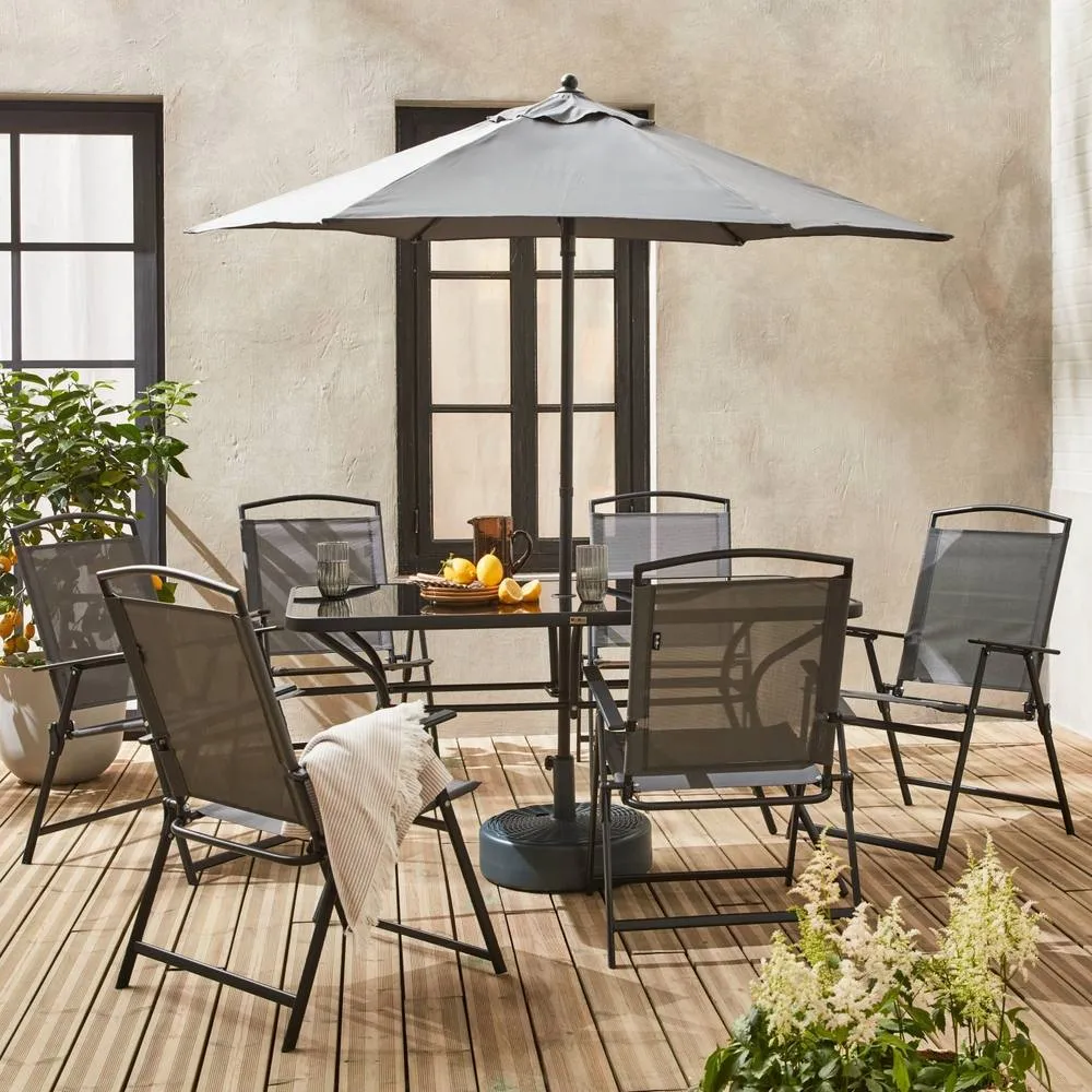 sweeek 6-seater Metal Dining Set With Foldable Chairs & Parasol in Grey