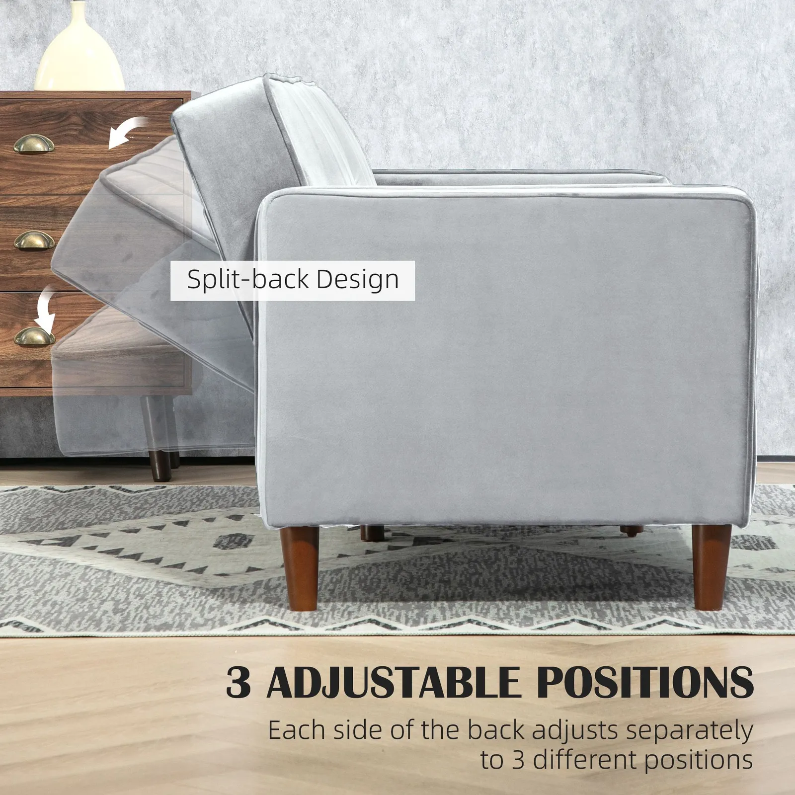 HOMCOM Convertible Sofa Futon Velvet-Touch Tufted Couch Sofa Bed Split Back in Light Grey 6
