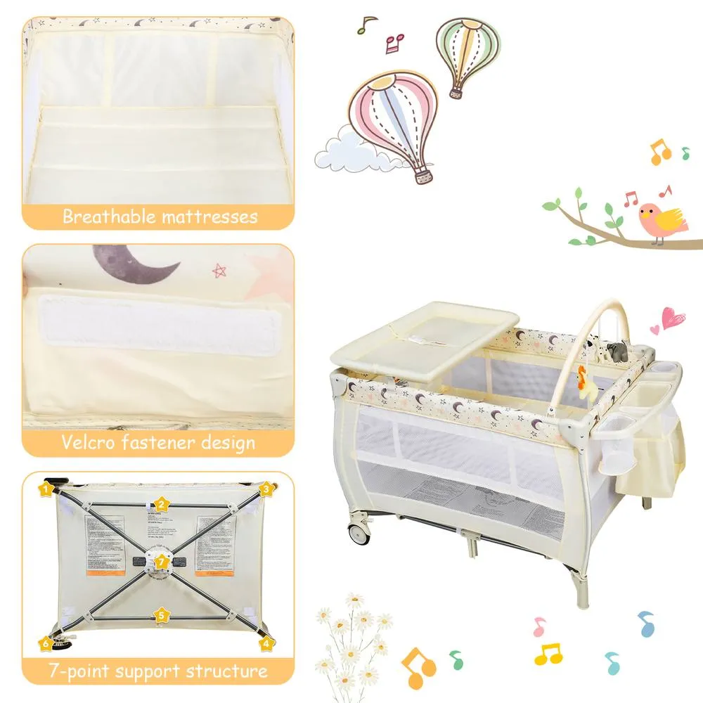 Costway 3 in 1 Travel Cot Foldable Baby Crib Playard w/Bassinet Nursery Center in Beige 6