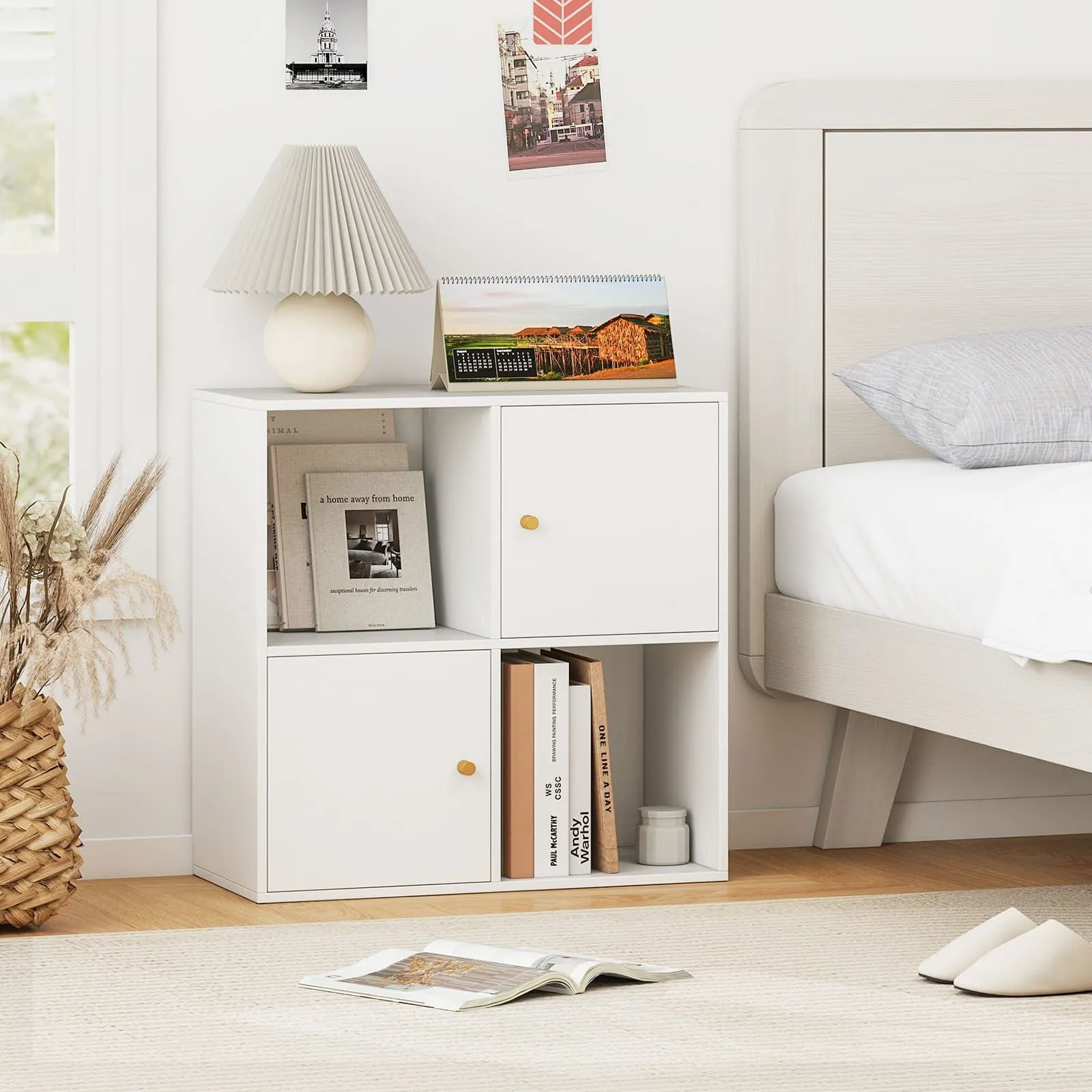 Costway 4-Cube Bookcase 3-Tier Bookshelf Storage Organizer w/2 Cabinets in White 5