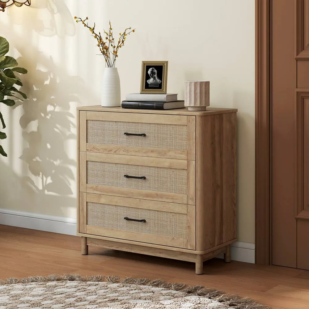 HOMCOM 3 Drawer Chest of Drawers, Wide Storage Unit for Living Room, Oak in Natural 2