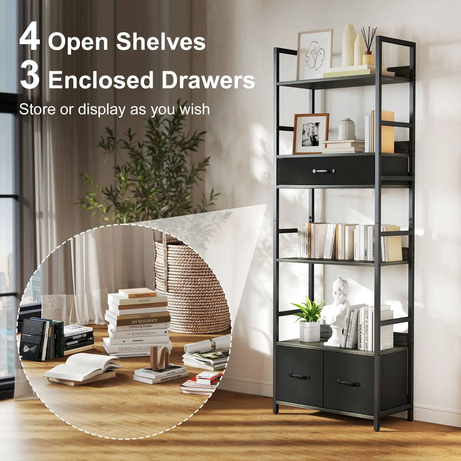 HOMCOM Industrial Bookshelf with 4 Shelves & 3 Fabric Drawers Grey 4