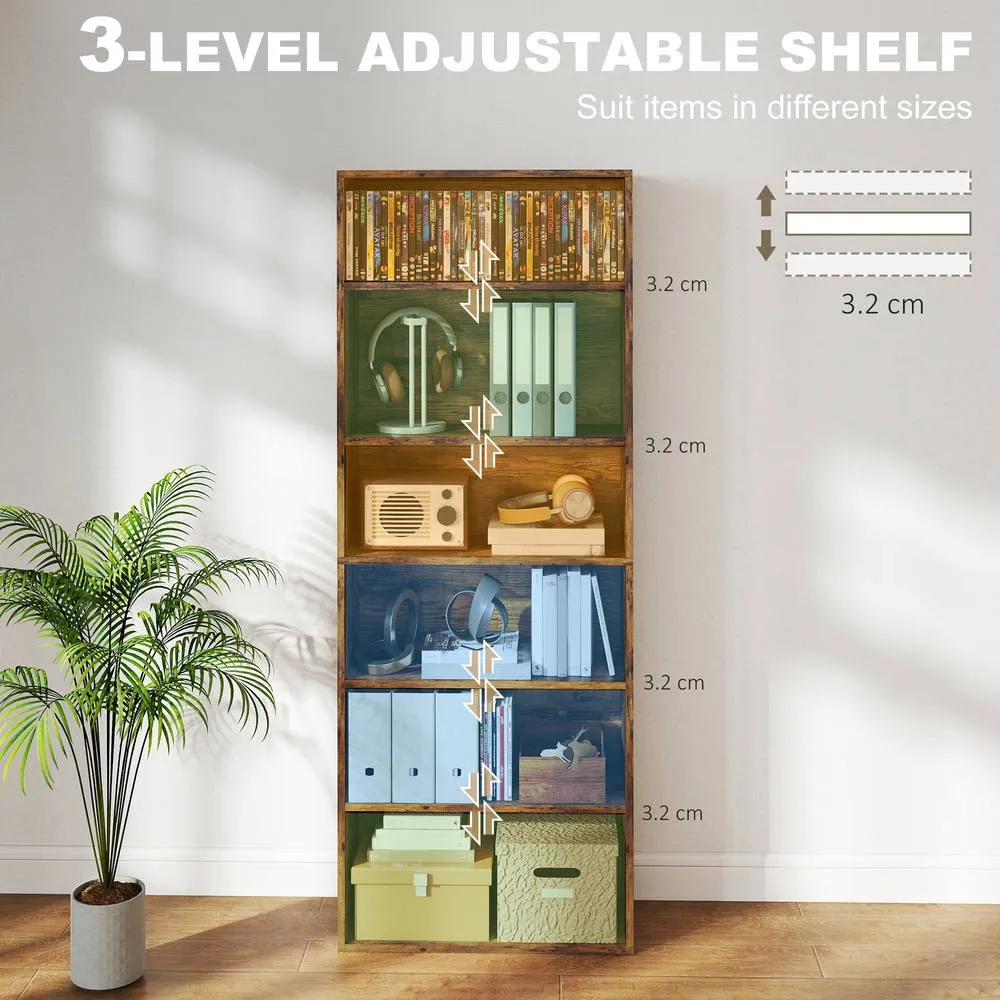 HOMCOM 6 Tier Bookshelf, Freestanding Bookcase with Adjustable Shelves, Brown 5