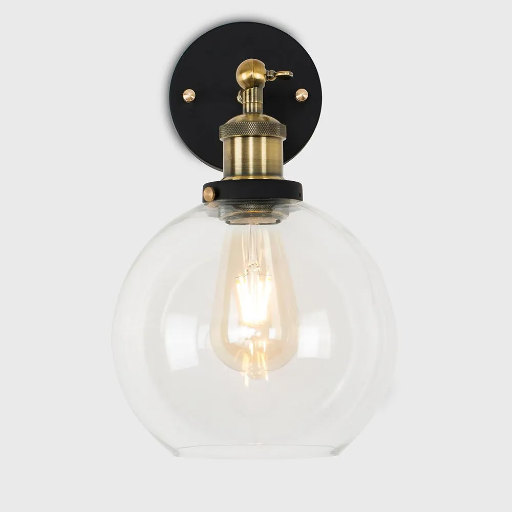 ValueLights Sheridan Pair of Industrial Clear Glass Bowl Gold Trim Black Wall Lights & LED Bulbs 2
