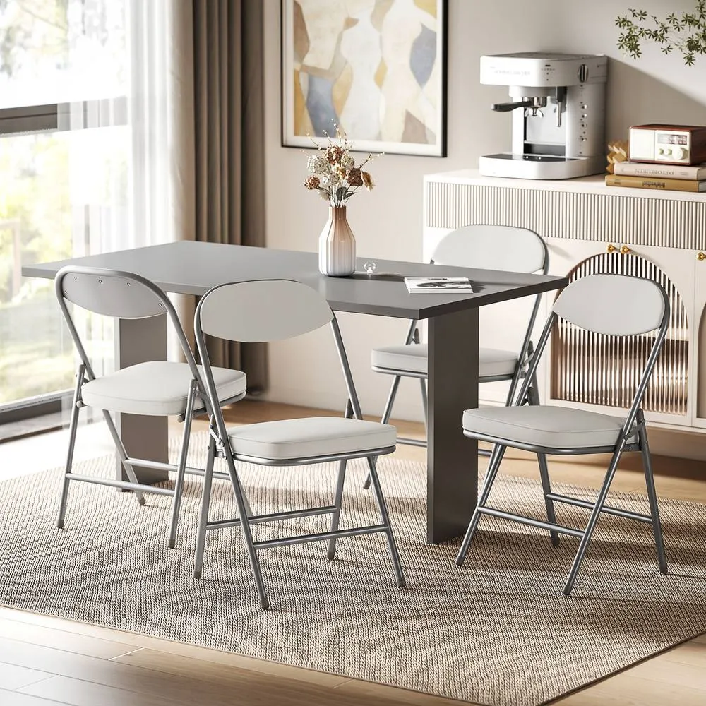 HOMCOM Folding Chairs Set of 4 with Cushioned Seat, Steel Frame in Off-White