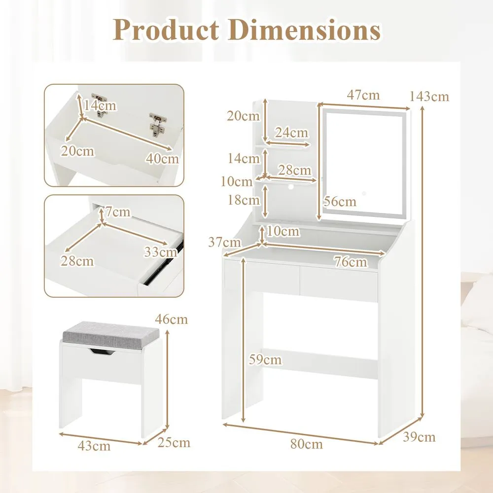Costway Wooden Vanity Desk Set w/ Mirror & Lights Makeup Table w/Storage Stool in White 2