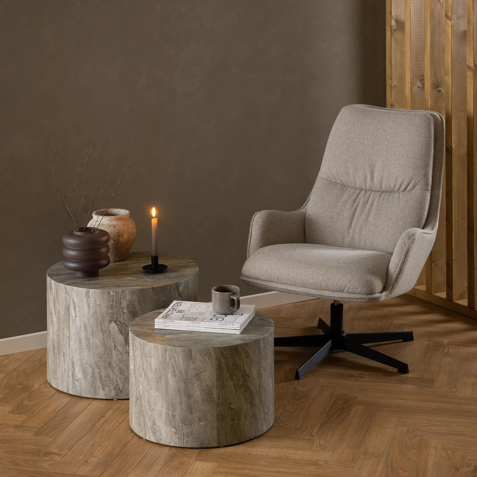 Furniture To Go Dice Round Coffee Table Set in Grey Marble 3