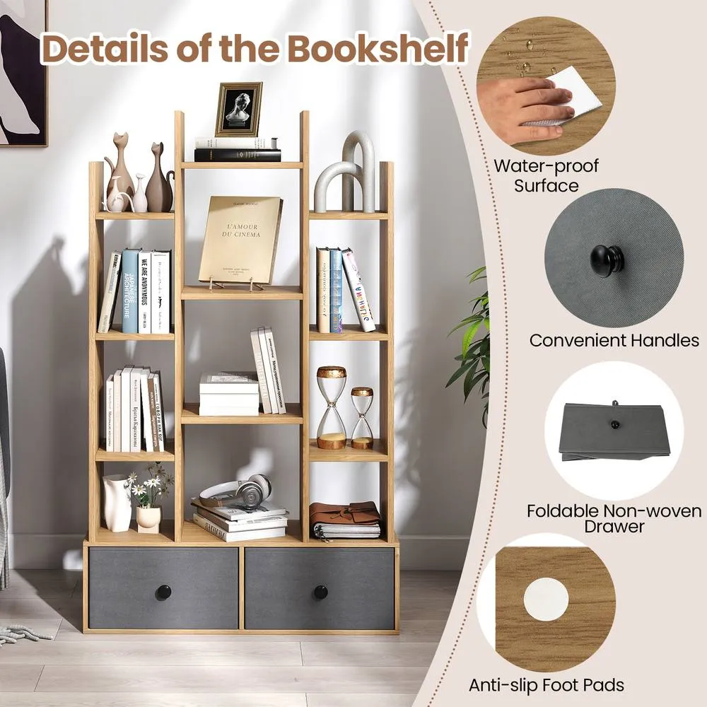 Costway 12 Tier Bookshelf Open Storage Wood Bookcase Organizer Display Shelf in Natural 3