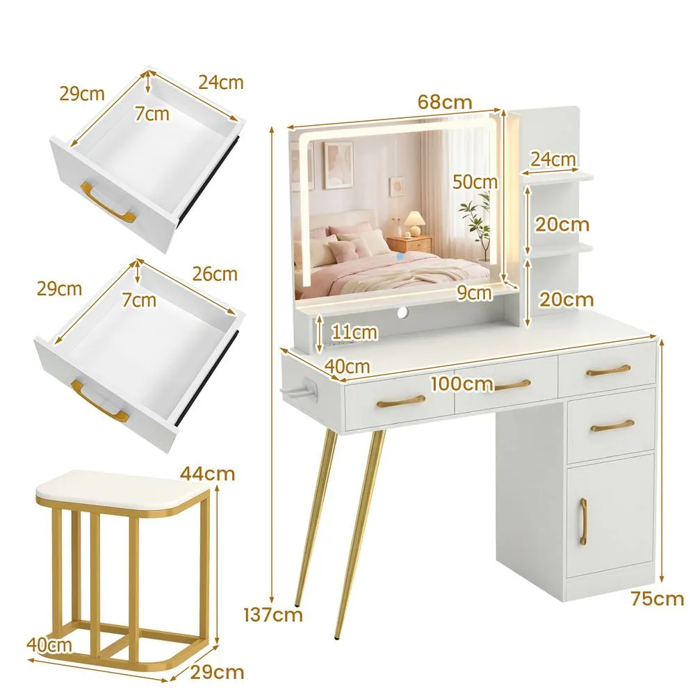 Costway Vanity Desk w/ Stool Makeup Dressing Table Set w/ LED Mirror in White 3