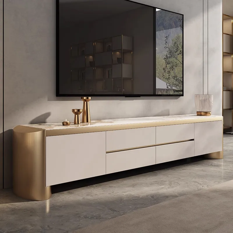 Modern 200 cm Off White TV Stand Sintered Stone Top with Storage