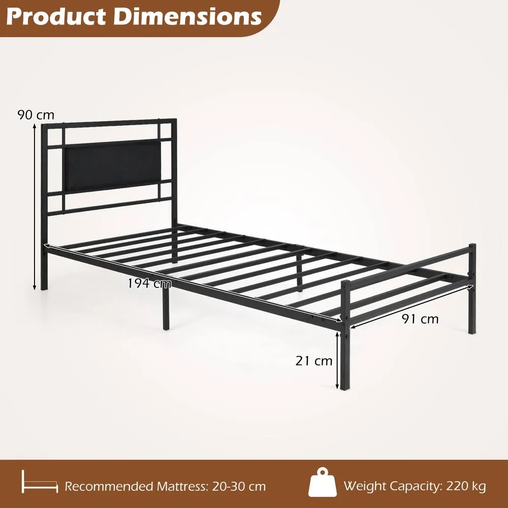 Costway Single Bed Frame with Upholstered Headboard & Metal Slats in Black 2