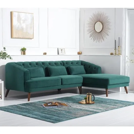 Destone Velvet Upholstered Right Handed Corner Sofa In Green