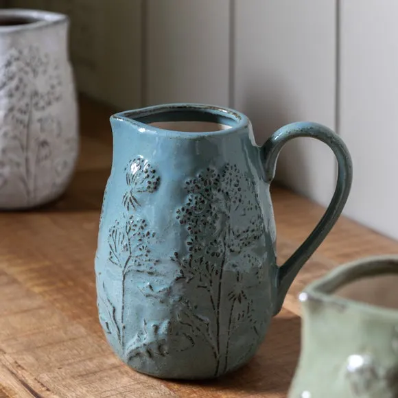 Crossland Grove Wildflower Embossed Ceramic Jug Duck Egg 210X145X205Mm, Blue