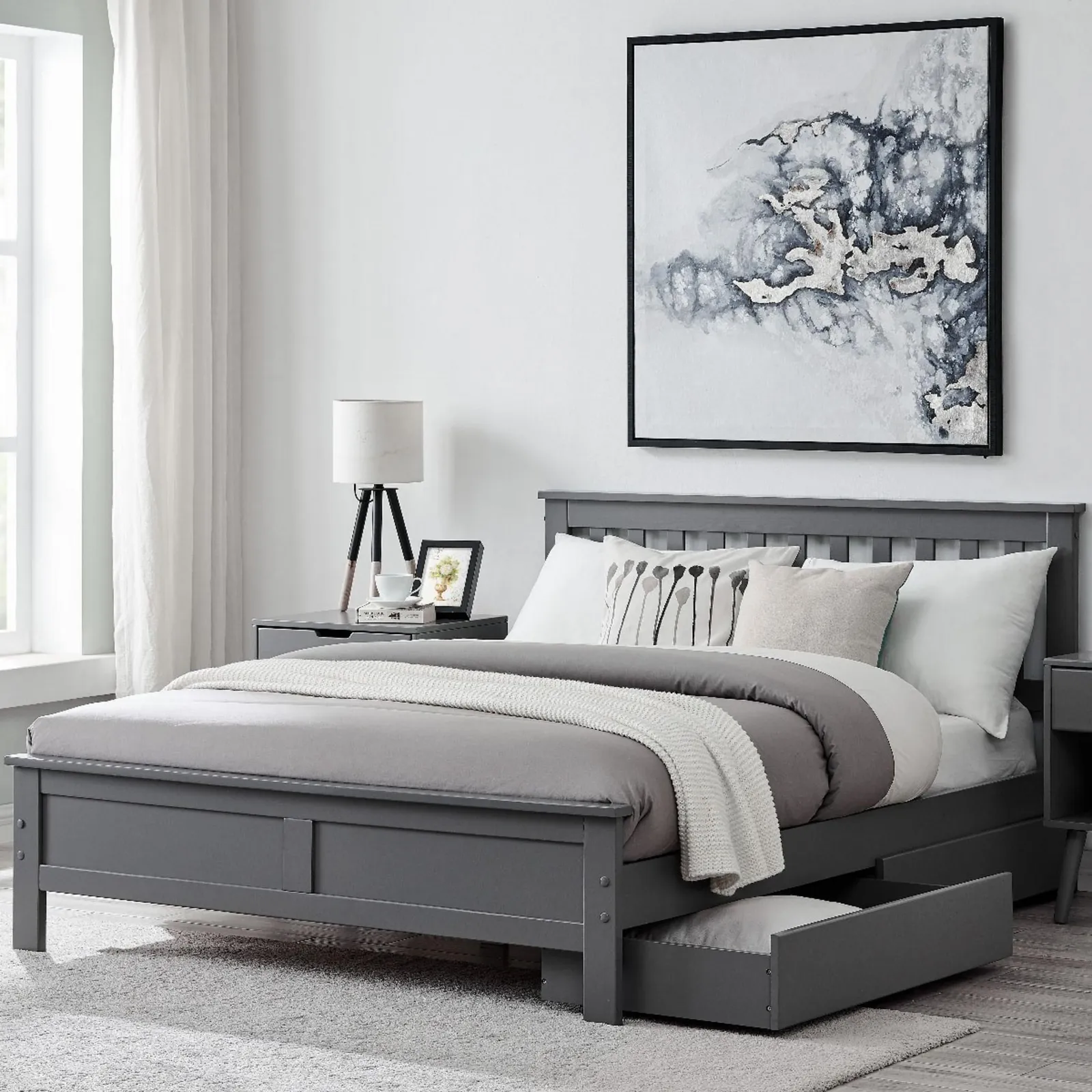 FurnitureboxUK Azure Modern White Solid Pine King Bed + Windsor Mattress + 2 Drawers in Grey