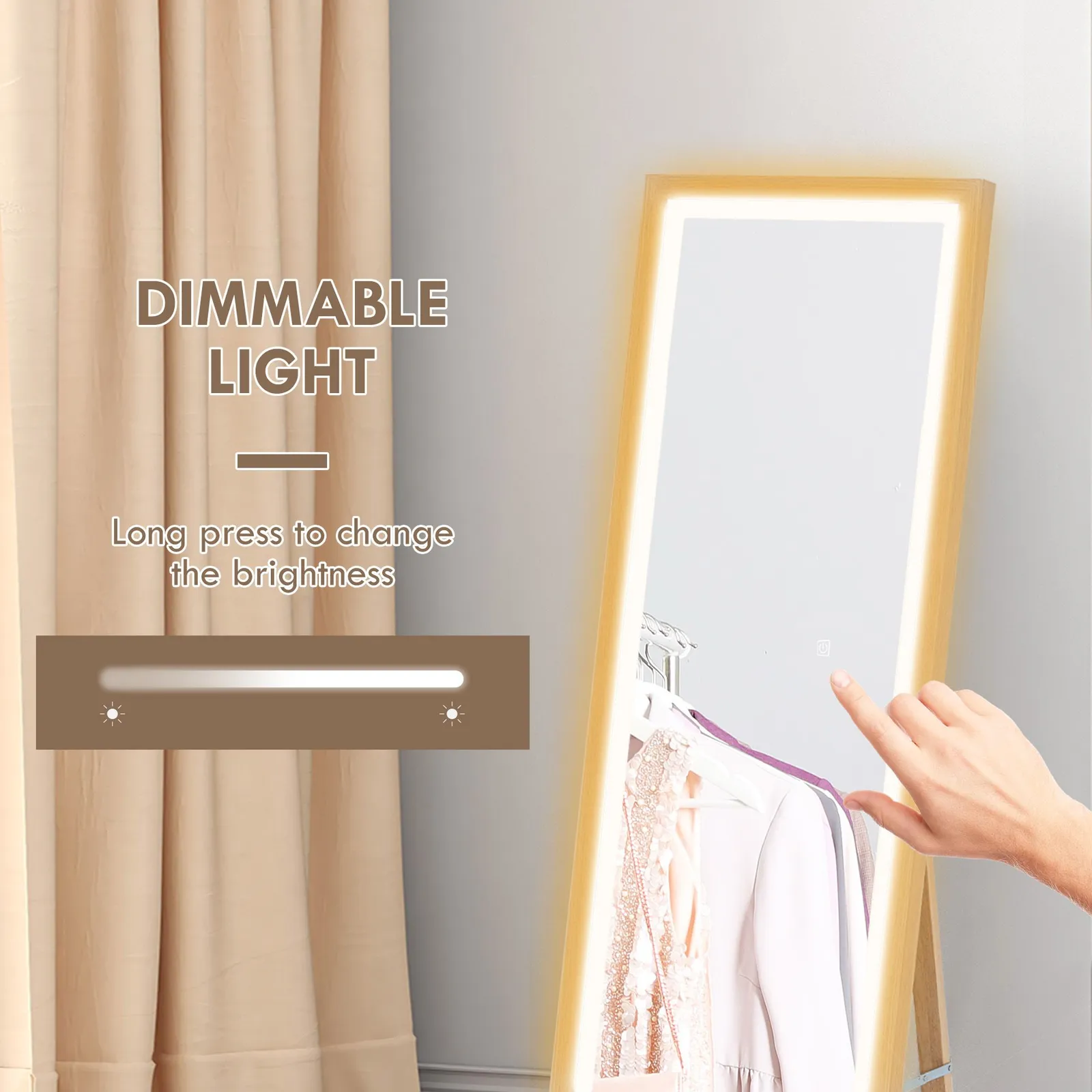 HOMCOM Dimming Full Length Mirror w/ Lights Standing Leaning Wall Mount Oak in Light Oak 5