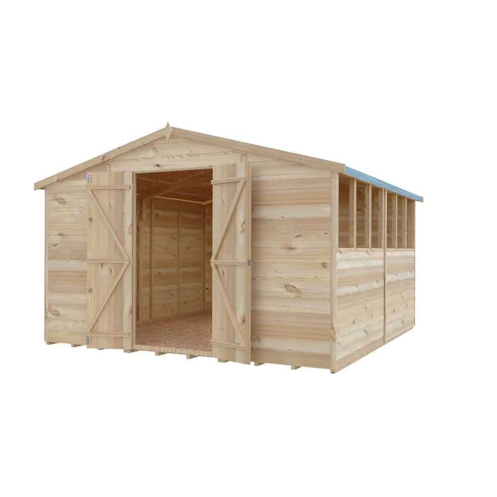 Shires Overlap 10 x 15 Feet Dip Treated Apex Shed Double Door with Windows in Brown