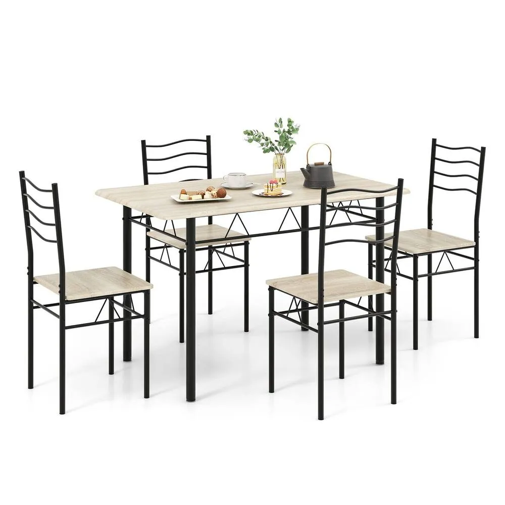 Costway 5 PCS Dining Table Set w/ Rectangular Tabletop Industrial Kitchen Table 4 Chairs Set in Natural
