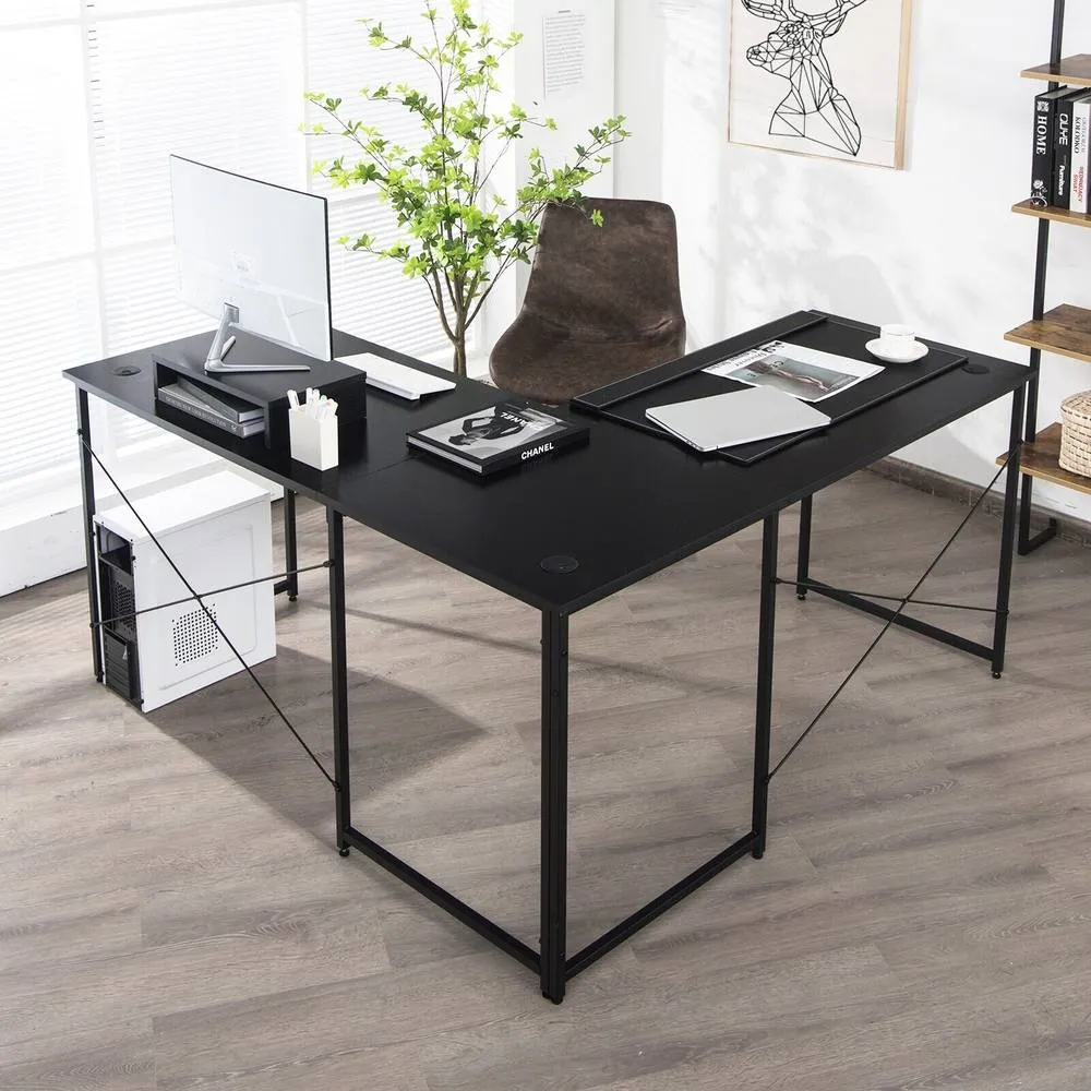 Costway L-Shaped Corner Computer Desk Reversible Study Writing Desk Workstation Home Office Laptop Black 4