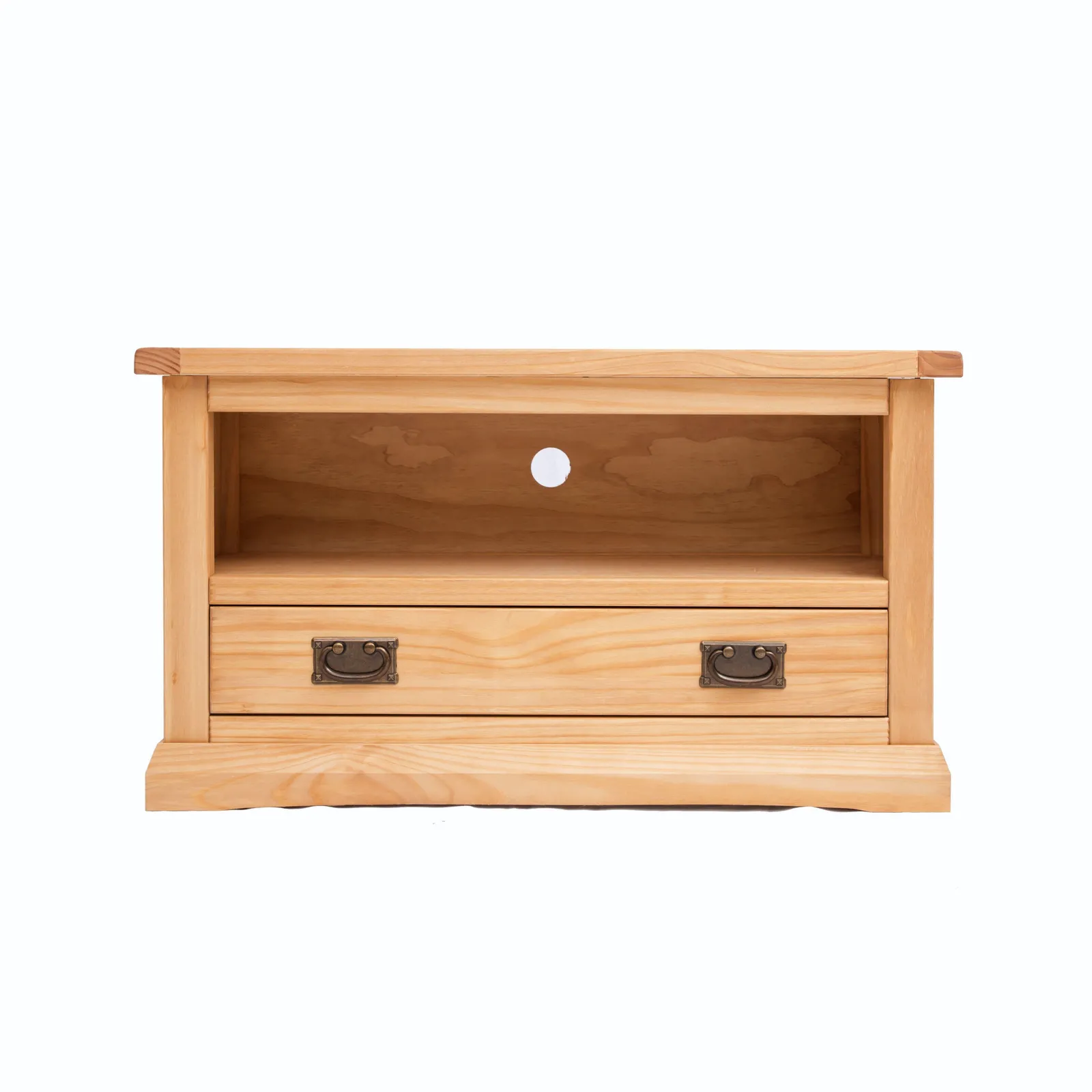 Cabinet Bits Lucca Waxed 1 Drawer TV Cabinet Brass Drop Handle in Light Brown
