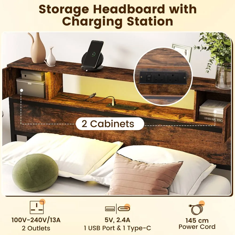 Costway Double Size Bed Frame Metal Platform Bed w/LED Lights&Charging Station in Brown 3