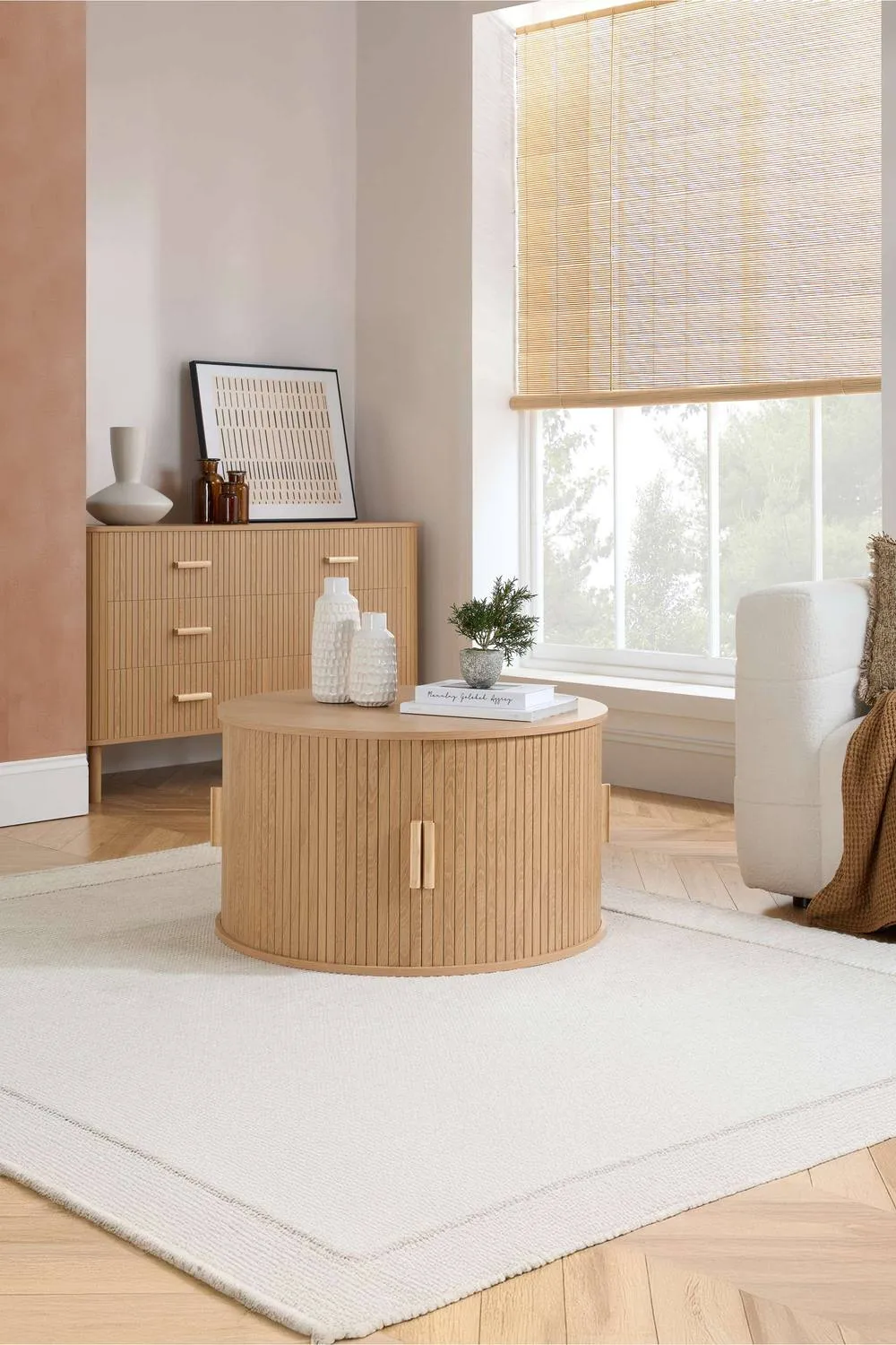 Birlea Axel Round Fluted Coffee Table with Storage Oak in Light Oak