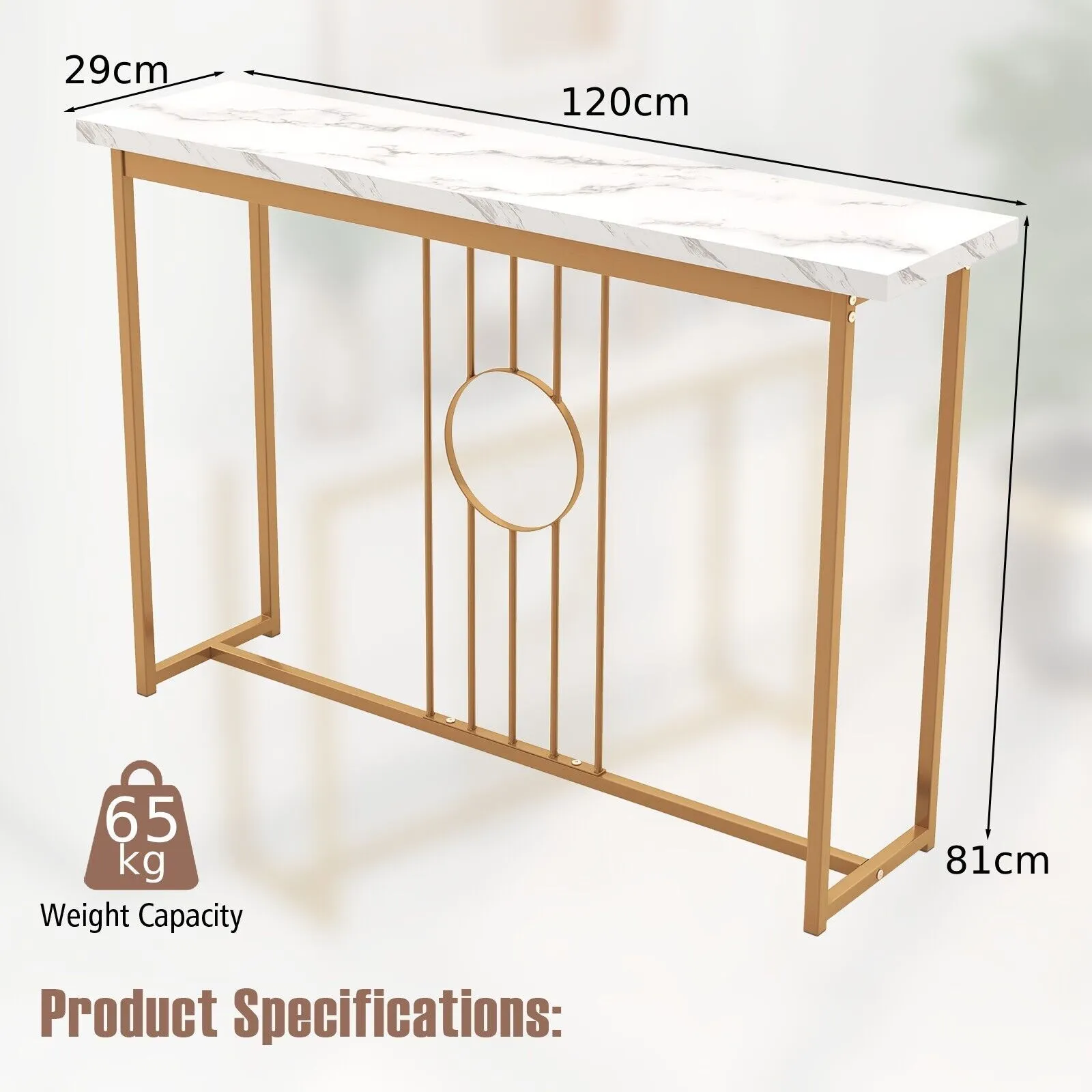 Costway 120cm Narrow Console Table Faux Marble Sofa Side End Table W/ Metal Frame in Gold 2