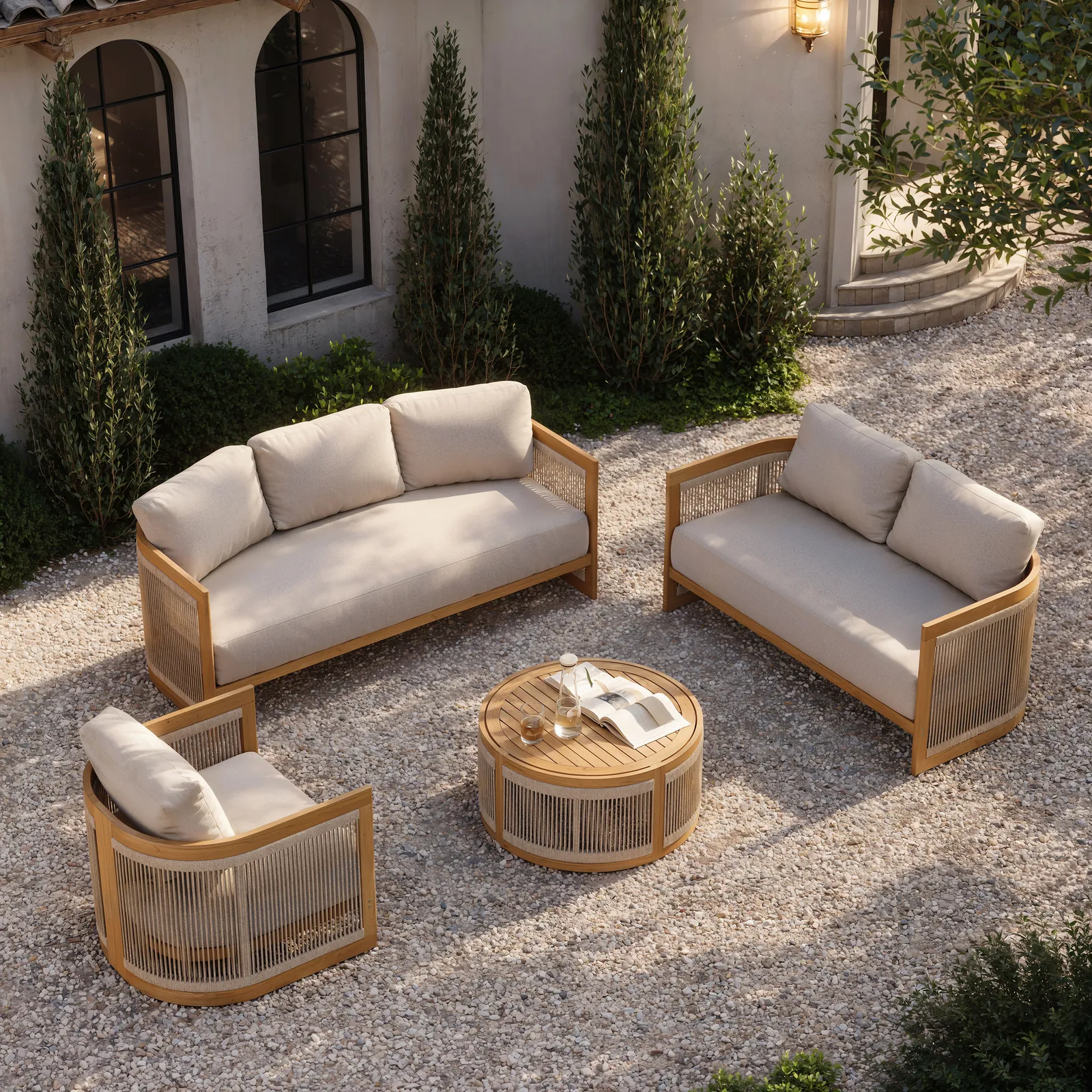 4-Piece Outdoor Teak & Rope Weave Sofa Set with Coffee Table for 6