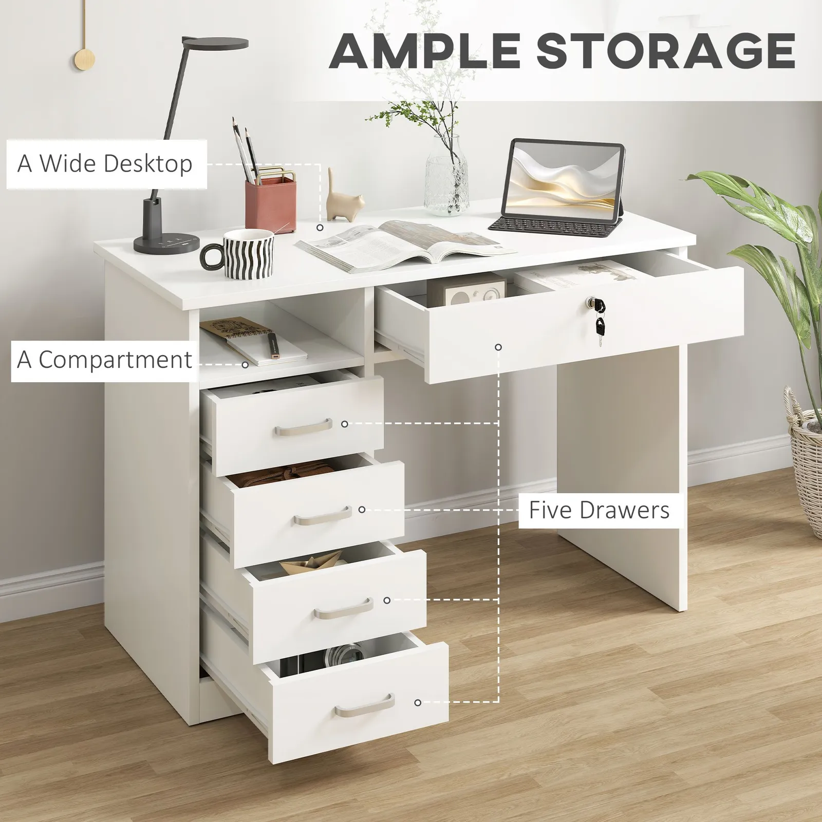 HOMCOM Computer Desk Writing Desk with Five Drawers for Home Office in White 5