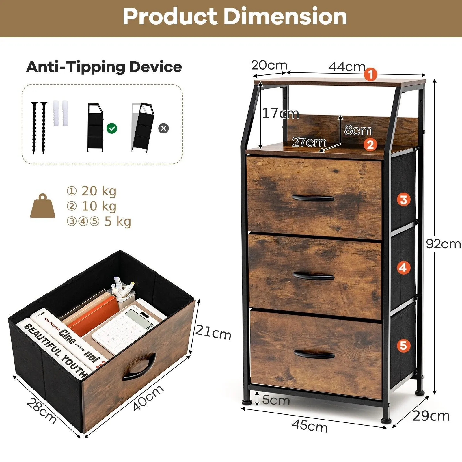 Costway 3 Drawer Organizer Unit Freestanding Cabinet Dresser with 3 Removable Drawers in Dark Brown 2