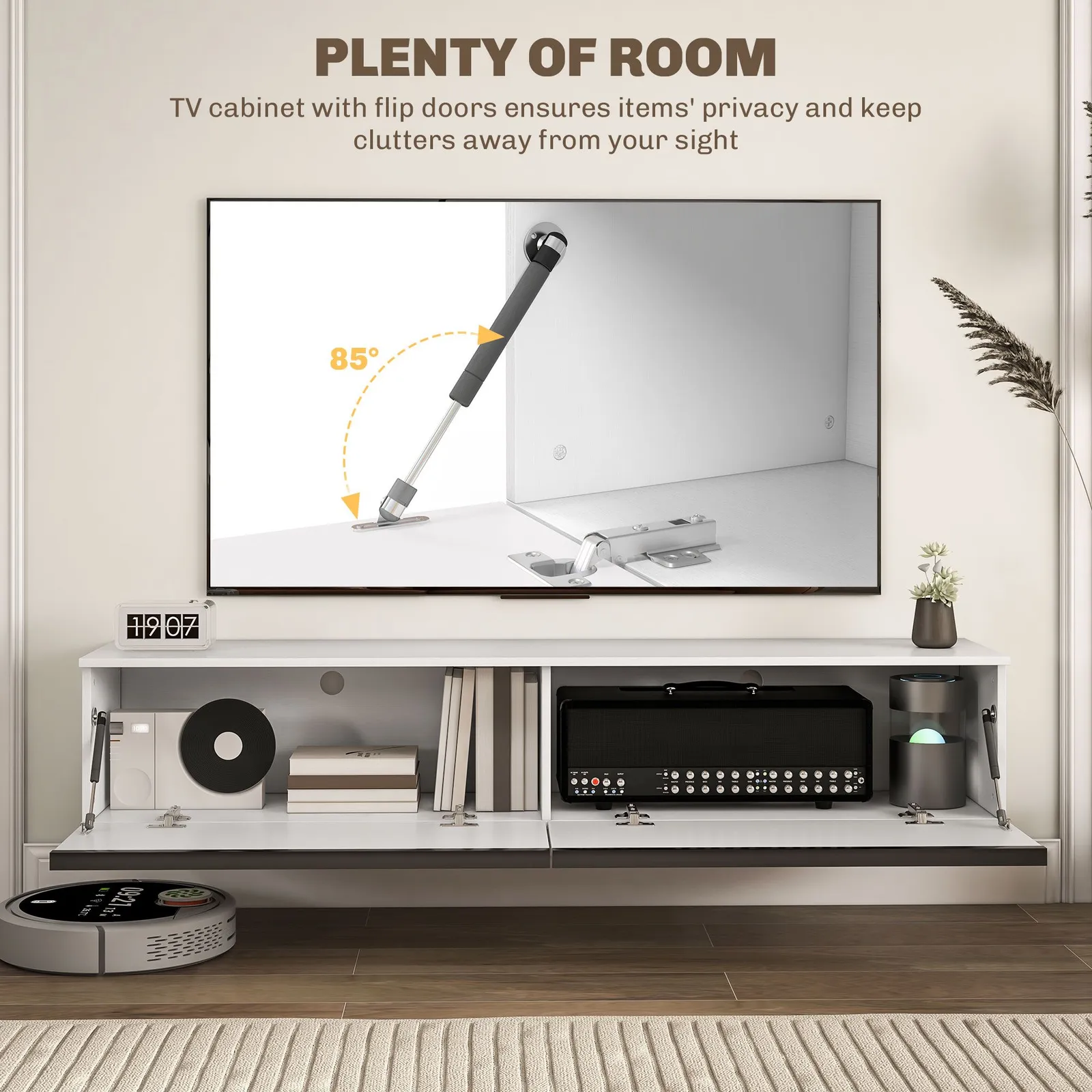 HOMCOM Wall Mounted TV Stand Unit with Storage & High Gloss Effect, White 6