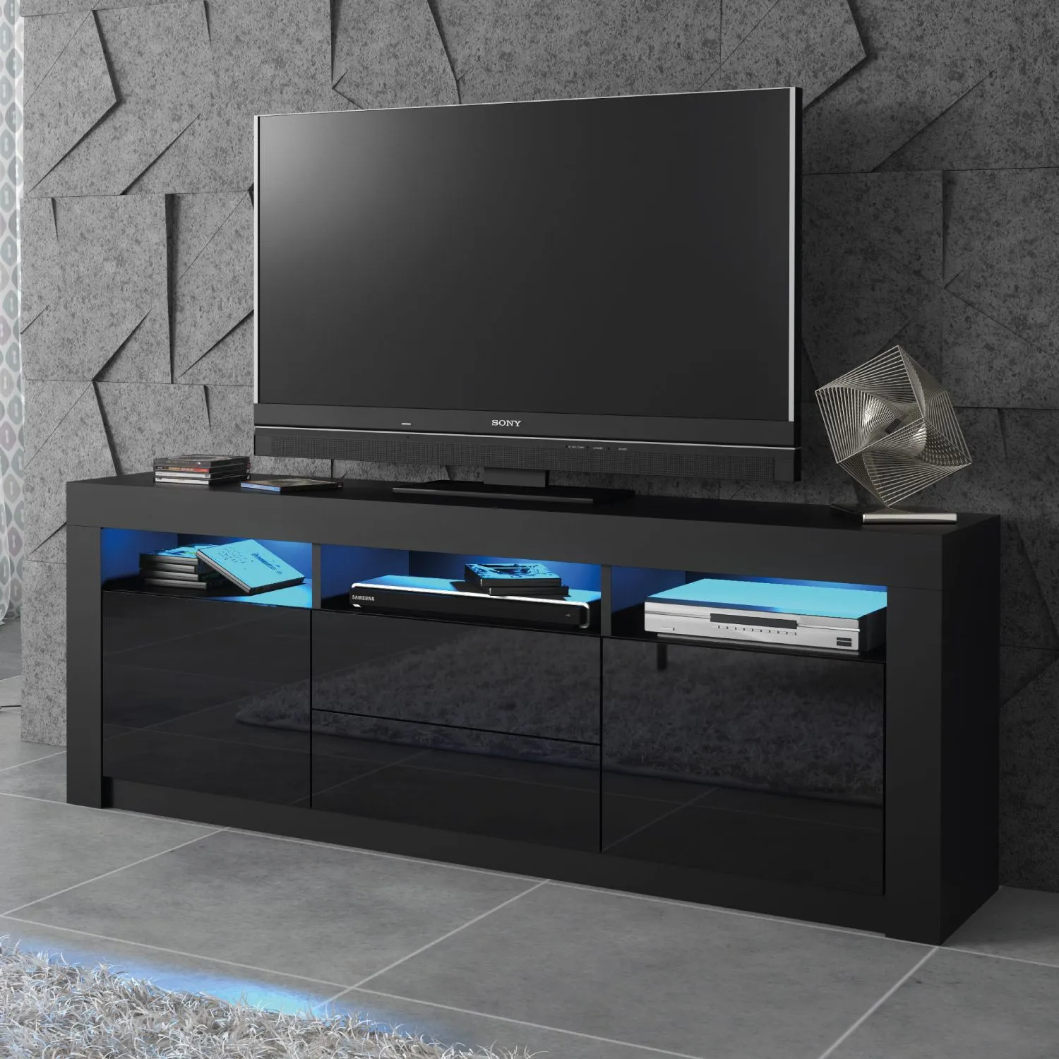 Creative Furniture Shine TV Unit 160cm - A Bright & Stylish Cabinet with Gloss Doors & LED Lights in Black 5