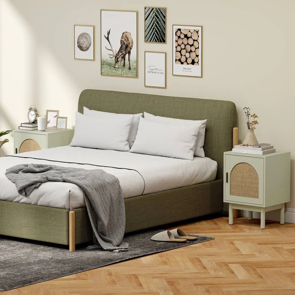 HOMCOM 2-Piece Rattan Bedside Table Set, Boho Cabinet, Light Green 2
