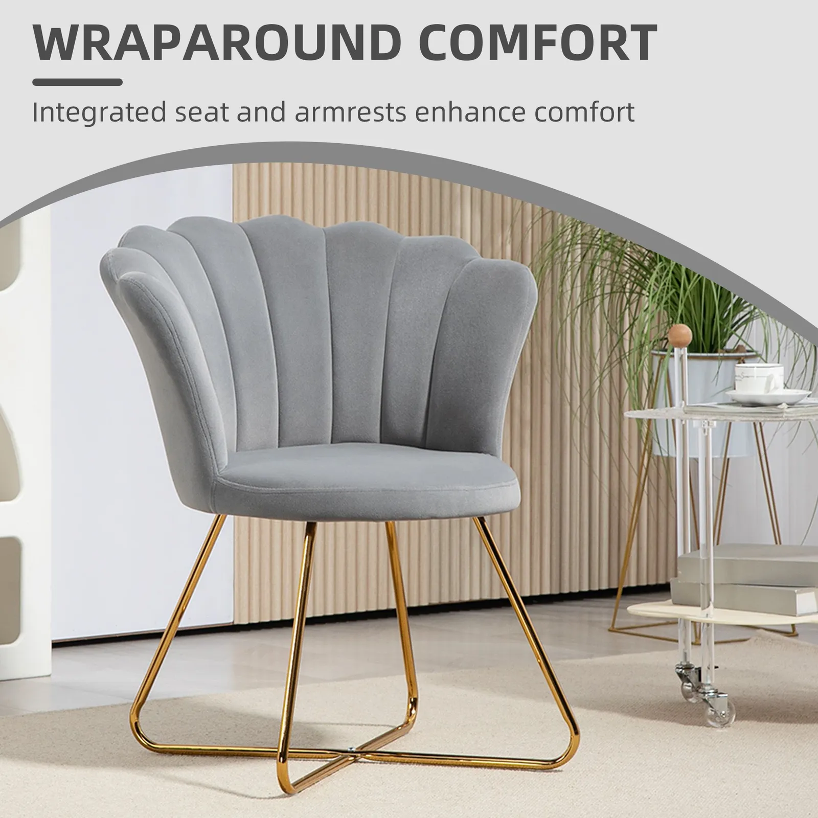 HOMCOM Accent Chair, Velvet Armchair with Lotus Backrest, Steel Legs in Grey 4