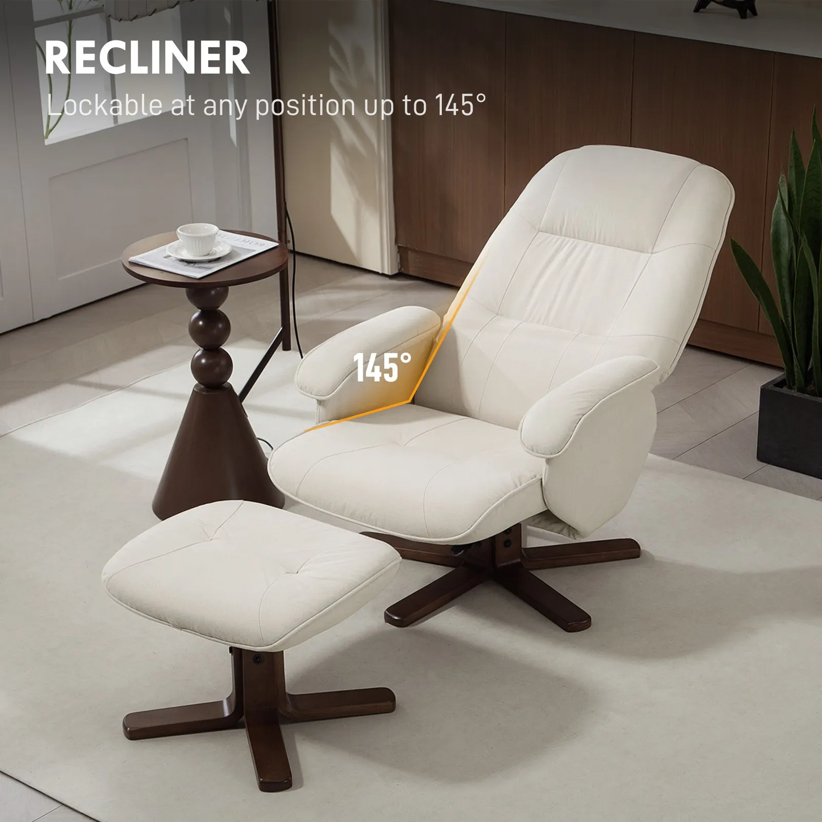 HOMCOM Swivel Recliner Chair with Footstool & Wooden Base in Beige 4