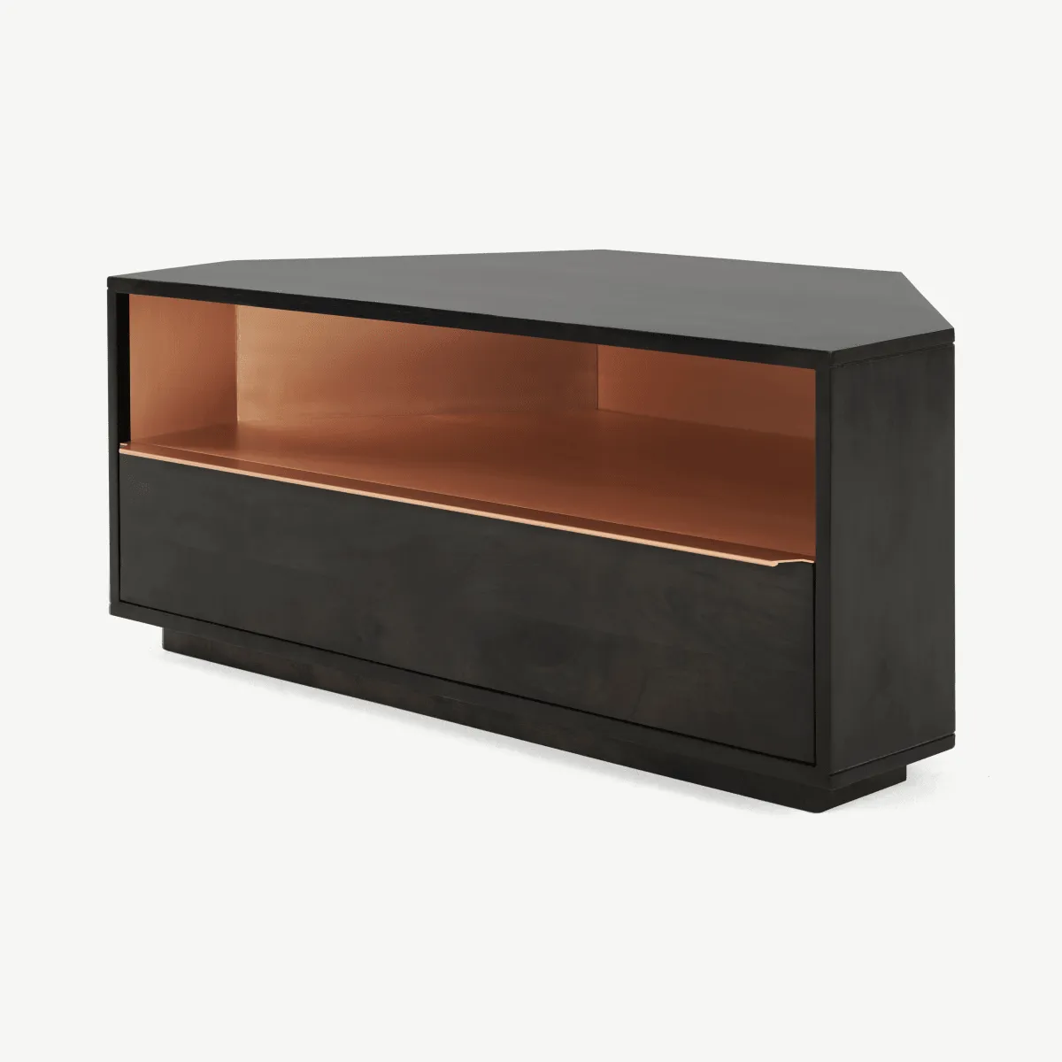 Anderson Corner TV Stand, Mocha Mango Wood & Copper